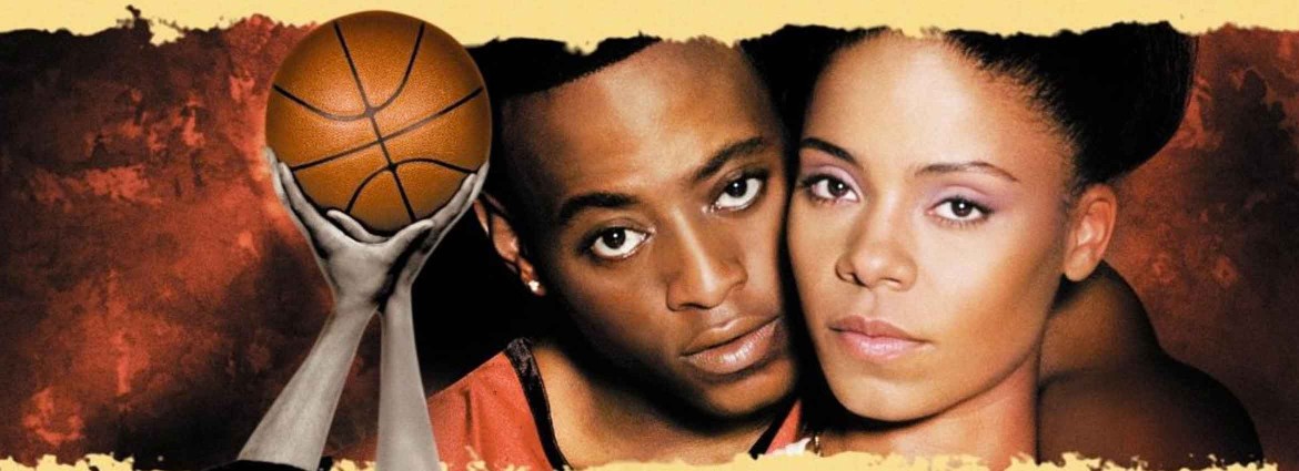 A picture of the two main characters in Love & Basketball with two hands next to them holding up a basketball.