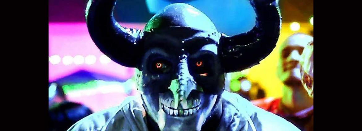 A scary horned character with a mask on from The First Purge.