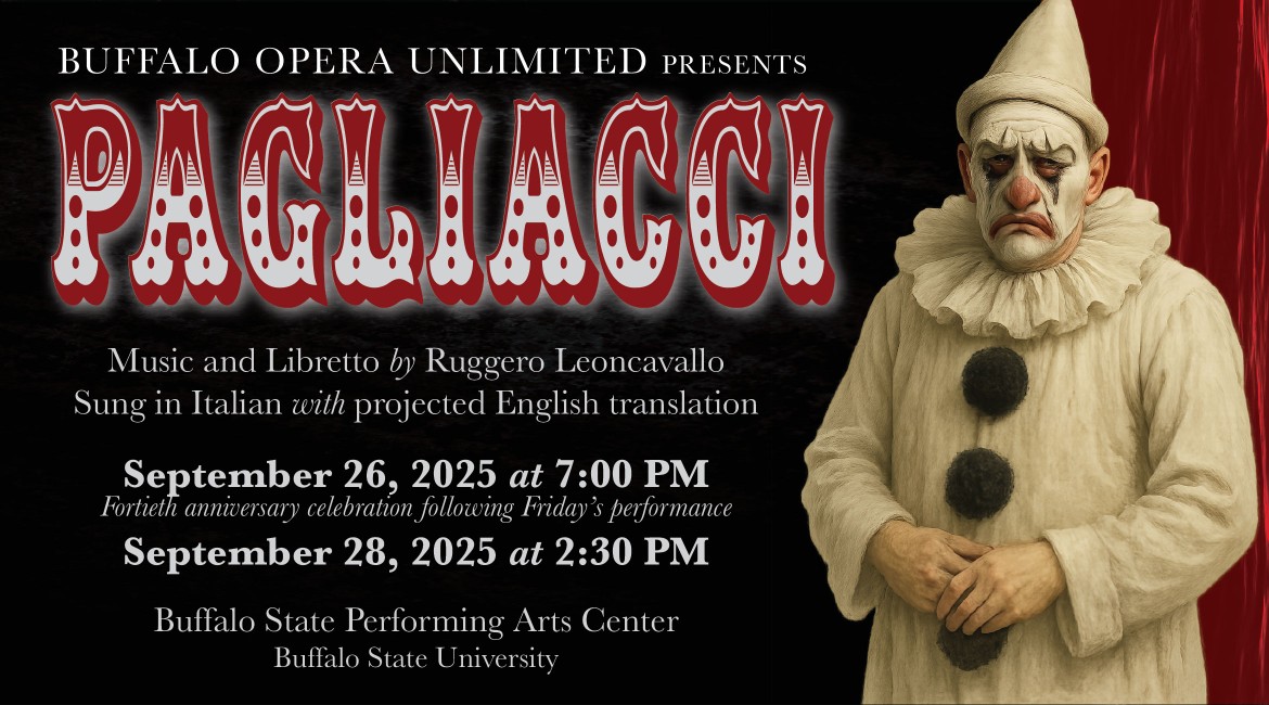 Pagliacci text with event information and clown image