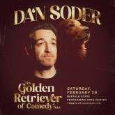 Dan Soder portrait next to a golden retriever dog portrait