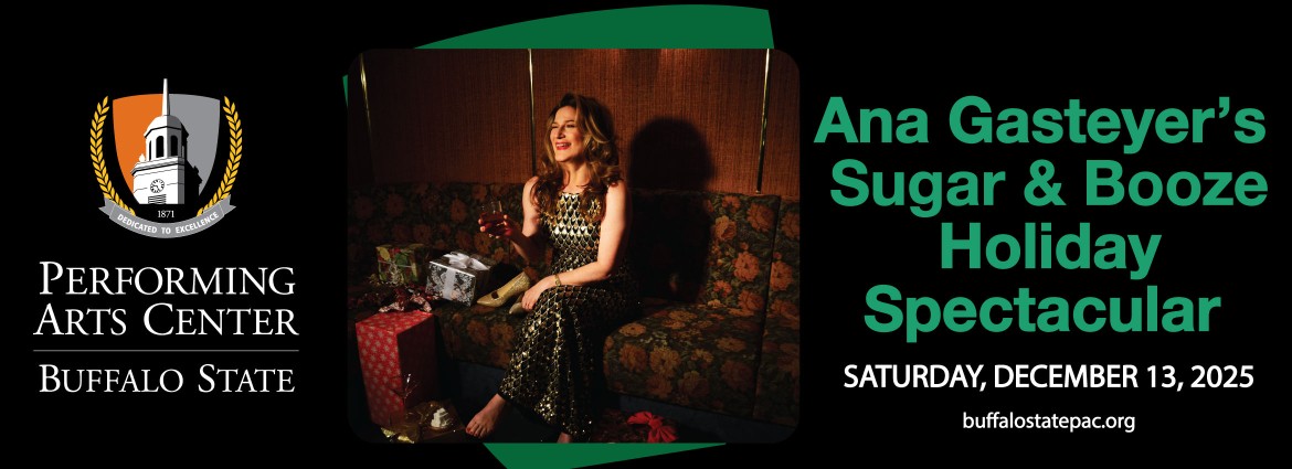Ana Gasteyer's Sugar & Booze Holiday Spectacular text with photo of Ana on a couch