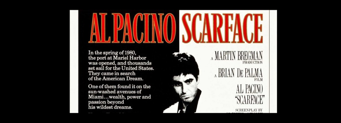A brief description of Al Pacino, Scarface with a man in the middle of the cover.
