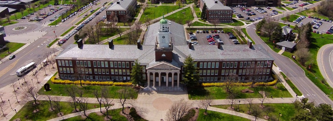 Exterior aerial photo of the front of Rockwell Hall