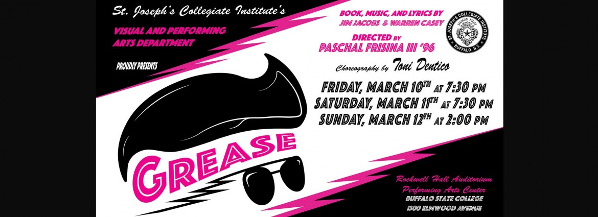 Grease logo with the dates of the show, Friday March 10th at 7:30 PM, Saturday March 11th at 7:30 PM and Sunday March 12th at 2:00 PM.